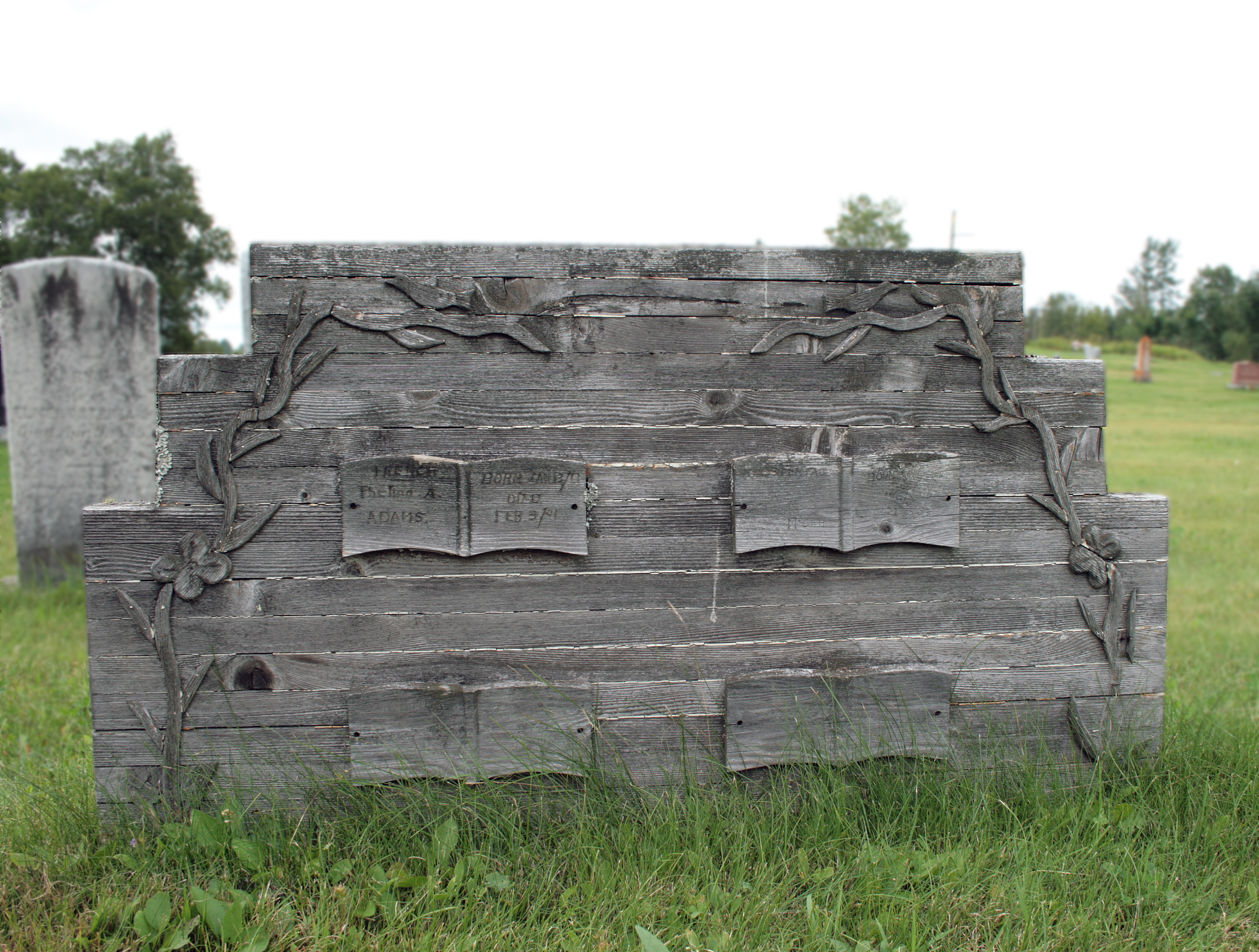 A wooden grave marker stands upright, but is worn and faded.