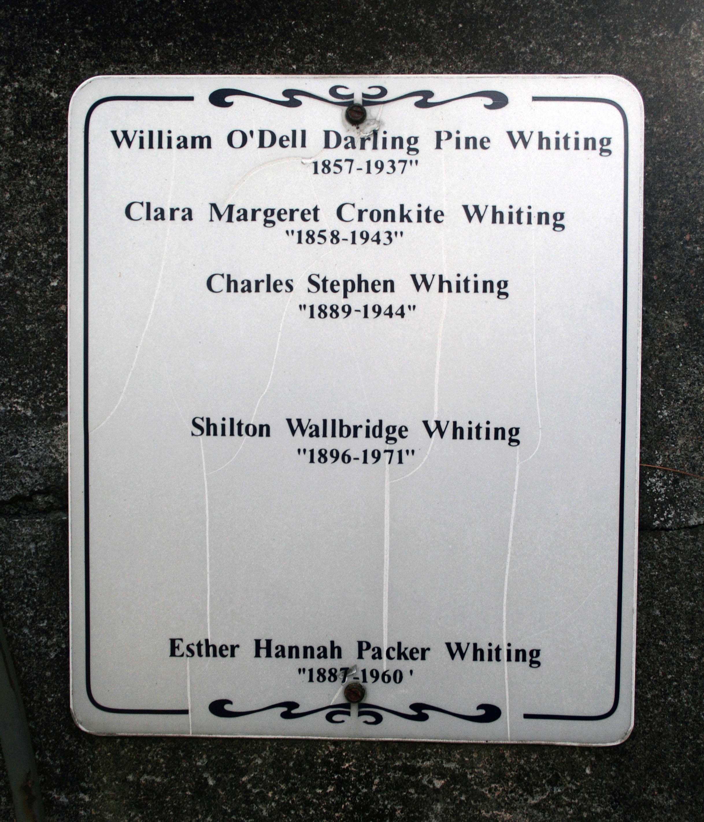 Plaque on Whitting Family mausoleum in Torrance Cemetery