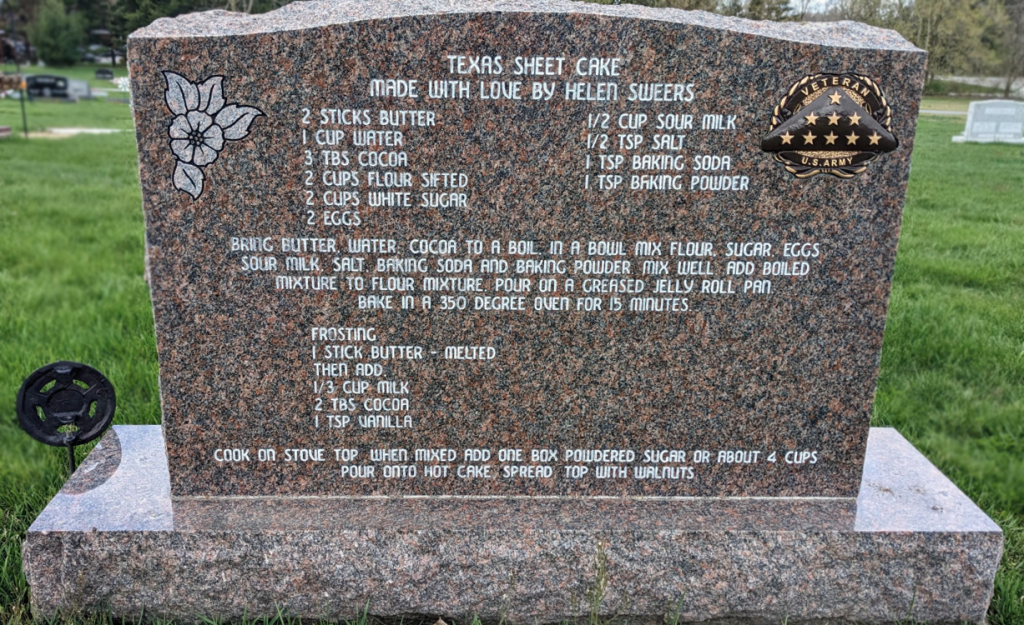 Texas sheet cake recipe on gravestone of Helen Sweers