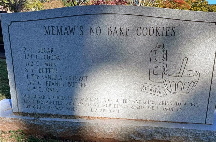 Memaw's No Bake Cookie recipe on a gravestone.