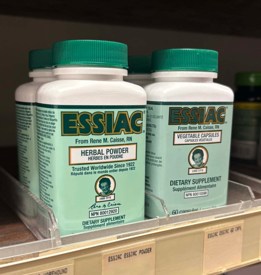 ESSIAC bottles on a store shelf.